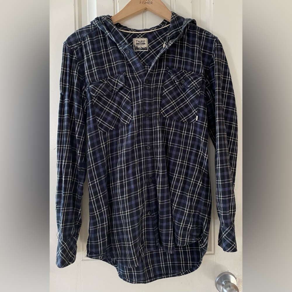 TNA Plaid button down shirt with hoodie